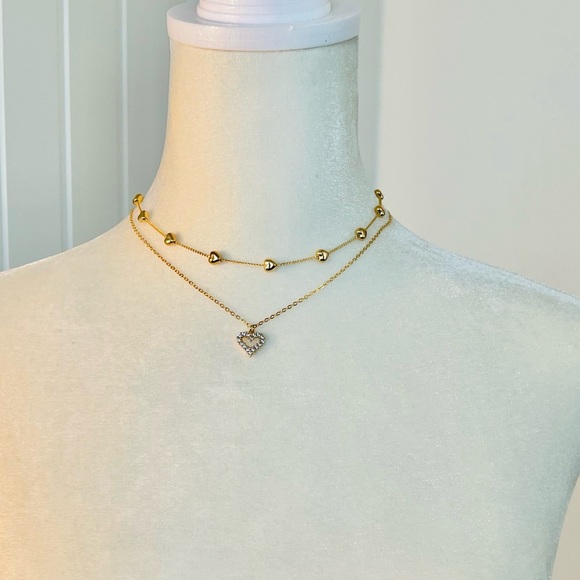 NWOT Double Strand Gold-tone Hearts and Rhinestones Chain-link Necklace - 15” - Picture 3 of 5